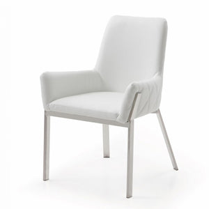 Benzara Bonded Leather Dining Chair with Flared Armrest and Metal Legs, White - BM219290 BM219290 White Metal and Bonded Leather BM219290