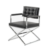 Benzara Button Tufted Back Dining Chair with X Shaped Metal Base, Black and Silver - BM219300 BM219300 Black and Silver Metal and Faux Leather BM219300