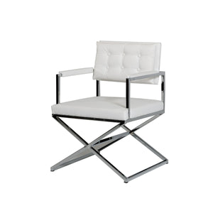 Benzara Button Tufted Back Dining Chair with X Shaped Metal Base, White and Silver - BM219301 BM219301 White and Silver Metal and Faux Leather BM219301