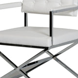 Benzara Button Tufted Back Dining Chair with X Shaped Metal Base, White and Silver - BM219301 BM219301 White and Silver Metal and Faux Leather BM219301