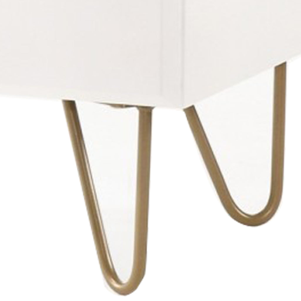 Benzara 2 Drawer Wooden Nightstand with Metal Pulls and Hairpin Legs,White and Gold - BM219306 BM219306 White and Gold MDF and Metal BM219306