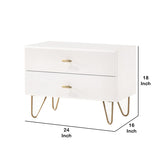 Benzara 2 Drawer Wooden Nightstand with Metal Pulls and Hairpin Legs,White and Gold - BM219306 BM219306 White and Gold MDF and Metal BM219306