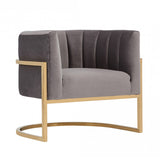 Benzara Semi Circle Fabric Lounge Chair with Vertical Tufted Back, Gray and Gold - BM219310 BM219310 Gray and Gold Fabric, Metal BM219310