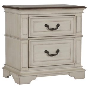 Benzara Two Drawer Wooden Nightstand with Bracket Legs, White and Brown BM219442 Brown and White Wood BM219442