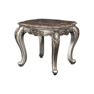 Benzara Traditional Wooden End Table with Marble Top and Floral Engravings, Silver BM219487 Silver Solid Wood, Marble BM219487