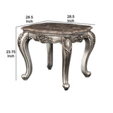 Benzara Traditional Wooden End Table with Marble Top and Floral Engravings, Silver BM219487 Silver Solid Wood, Marble BM219487