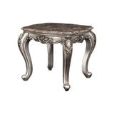 Benzara Traditional Wooden End Table with Marble Top and Floral Engravings, Silver BM219487 Silver Solid Wood, Marble BM219487