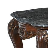 Benzara Wooden End Table with Marble Top and Floral Engravings, Brown and Black BM219488 Brown, Black Solid Wood, Marble BM219488