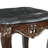 Benzara Wooden End Table with Marble Top and Floral Engravings, Brown and Black BM219488 Brown, Black Solid Wood, Marble BM219488