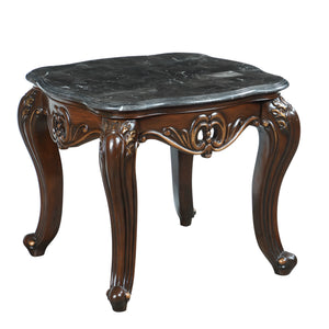 Benzara Wooden End Table with Marble Top and Floral Engravings, Brown and Black BM219488 Brown, Black Solid Wood, Marble BM219488