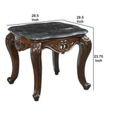 Benzara Wooden End Table with Marble Top and Floral Engravings, Brown and Black BM219488 Brown, Black Solid Wood, Marble BM219488