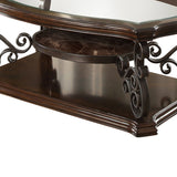 Benzara Tempered Glass Top Wooden Coffee Table with Ornate Metal Scrollwork, Brown BM219595 Brown Solid Wood, Metal and Tempered Glass BM219595