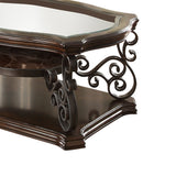 Benzara Tempered Glass Top Wooden Coffee Table with Ornate Metal Scrollwork, Brown BM219595 Brown Solid Wood, Metal and Tempered Glass BM219595