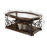 Benzara Tempered Glass Top Wooden Coffee Table with Ornate Metal Scrollwork, Brown BM219595 Brown Solid Wood, Metal and Tempered Glass BM219595