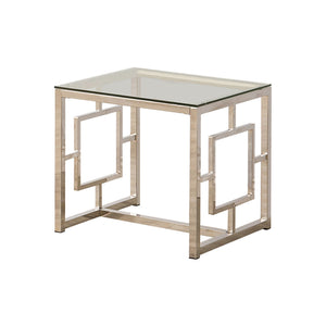 Benzara Tempered Glass Top End Table with Lattice Cut Out Panels, Silver and Clear BM219599 Silver and Clear Metal and Tempered Glass BM219599