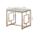 Benzara Tempered Glass Top End Table with Lattice Cut Out Panels, Silver and Clear BM219599 Silver and Clear Metal and Tempered Glass BM219599