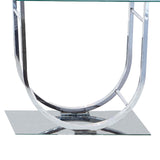 Benzara Tempered Glass Top End Table with U Shape Metal Frame, Chrome and Clear BM219603 Clear and Chrome Metal and Tempered Glass BM219603