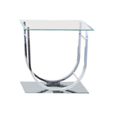 Benzara Tempered Glass Top End Table with U Shape Metal Frame, Chrome and Clear BM219603 Clear and Chrome Metal and Tempered Glass BM219603