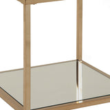 Benzara Glass Top End Table with Metal Frame and Open Shelf, Brass BM219607 Brass Metal, Glass and Mirror BM219607