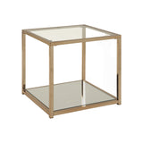 Benzara Glass Top End Table with Metal Frame and Open Shelf, Brass BM219607 Brass Metal, Glass and Mirror BM219607