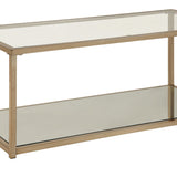 Benzara Glass Top Coffee Table with Metal Frame and Open Shelf, Brass BM219608 Brass Metal, Glass and Mirror BM219608