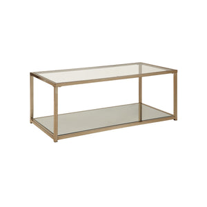 Benzara Glass Top Coffee Table with Metal Frame and Open Shelf, Brass BM219608 Brass Metal, Glass and Mirror BM219608