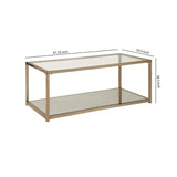 Benzara Glass Top Coffee Table with Metal Frame and Open Shelf, Brass BM219608 Brass Metal, Glass and Mirror BM219608