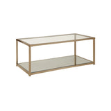 Glass Top Coffee Table with Metal Frame and Open Shelf, Brass