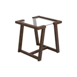 Benzara Tempered Glass Top End Table with Symmetrical Wooden Base, Brown BM219612 Brown Tempered Glass and Solid Wood BM219612