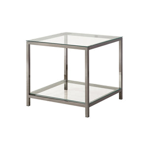 Benzara Glass Top End Table with Metal Frame and Open Shelf, Silver BM219614 Silver Metal, Glass and Mirror BM219614