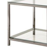 Benzara Glass Top End Table with Metal Frame and Open Shelf, Silver BM219614 Silver Metal, Glass and Mirror BM219614