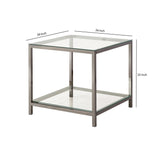 Benzara Glass Top End Table with Metal Frame and Open Shelf, Silver BM219614 Silver Metal, Glass and Mirror BM219614