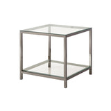 Glass Top End Table with Metal Frame and Open Shelf, Silver