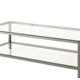 Benzara Glass Top Coffee Table with Metal Frame and Open Shelf, Silver BM219615 Silver Metal, Glass and Mirror BM219615