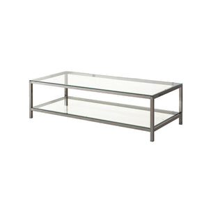 Benzara Glass Top Coffee Table with Metal Frame and Open Shelf, Silver BM219615 Silver Metal, Glass and Mirror BM219615