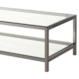 Benzara Glass Top Coffee Table with Metal Frame and Open Shelf, Silver BM219615 Silver Metal, Glass and Mirror BM219615