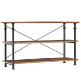 Benzara Wood and Metal Frame Sofa Table with 2 Bottom Shelves, Brown and Black BM219733 Brown and Black Solid Wood and Metal BM219733