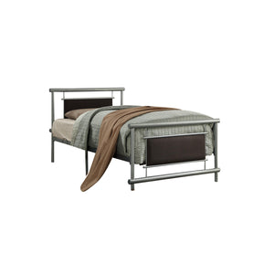 Benzara Metal Frame Twin Size Platform Bed with Fabric Padding, Silver and Brown BM219740 Silver and Brown Metal and Fabric BM219740