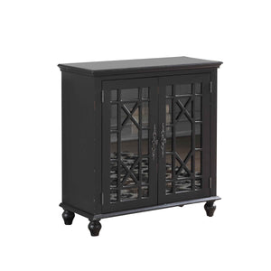 Benzara 2 Door Accent Chest with Glass Inlay Design and Turned Feet, Black BM219761 Black Solid Wood and Glass BM219761