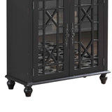 Benzara 2 Door Accent Chest with Glass Inlay Design and Turned Feet, Black BM219761 Black Solid Wood and Glass BM219761