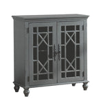 Benzara 2 Door Accent Chest with Glass Inlay Design and Turned Feet, Gray BM219762 Gray Solid Wood and Glass BM219762