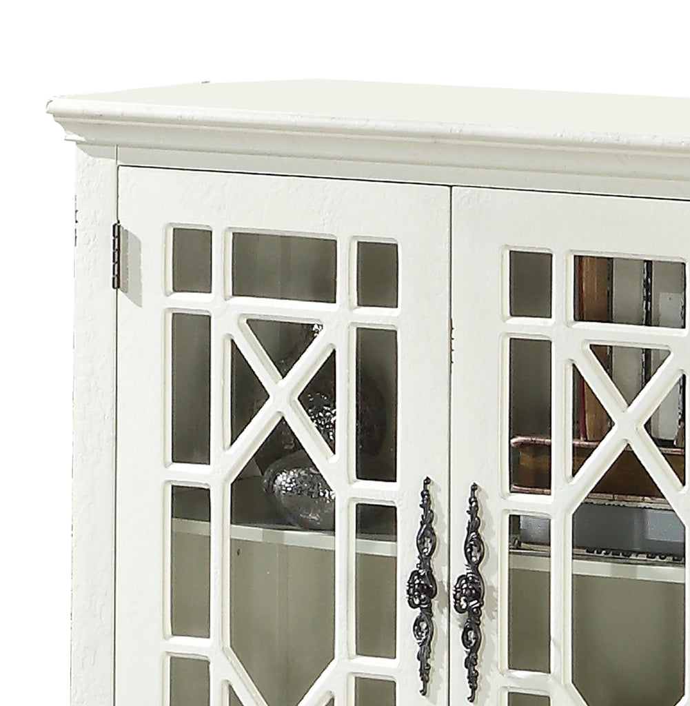 Benzara 2 Door Accent Chest with Glass Inlay Design and Turned Feet, White BM219763 White Solid Wood and Glass BM219763