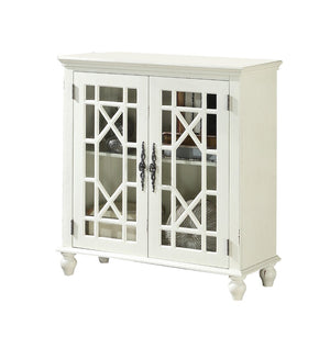 Benzara 2 Door Accent Chest with Glass Inlay Design and Turned Feet, White BM219763 White Solid Wood and Glass BM219763