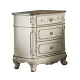 Benzara 3 Drawer Nightstand with Floral Motif Carving Details, Antique White and Brown BM219789 White and brown Solid Wood and Veneer BM219789