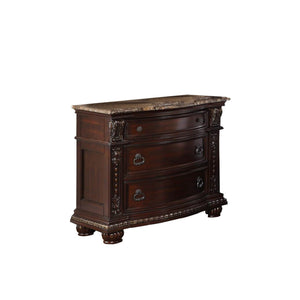 Benzara European Style Nightstand with 3 Drawers and Marble Top, Dark Cherry Brown BM219819 Brown Solid Wood and Veneer BM219819