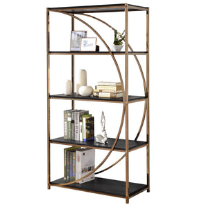 Benzara Modern Style Half Circle Framed Bookcase with 4 Shelves, Gold and Black BM219880 Gold and Black Metal BM219880