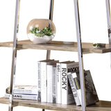 Benzara 5 Shelf Modern Style Metal Bookcase with Ladder Structure, Brown and Silver BM219881 Silver and Brown Solid Wood and Metal BM219881