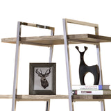 Benzara 5 Shelf Modern Style Metal Bookcase with Ladder Structure, Brown and Silver BM219881 Silver and Brown Solid Wood and Metal BM219881