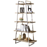 Benzara 5 Shelf Modern Style Metal Bookcase with Ladder Structure, Brown and Silver BM219881 Silver and Brown Solid Wood and Metal BM219881