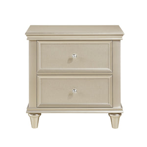 Benzara 2 Drawer Wooden Nightstand with Faux Crystal Knobs, Champagne Silver BM219888 Silver Solid Wood, Veneer and Engineered Wood BM219888